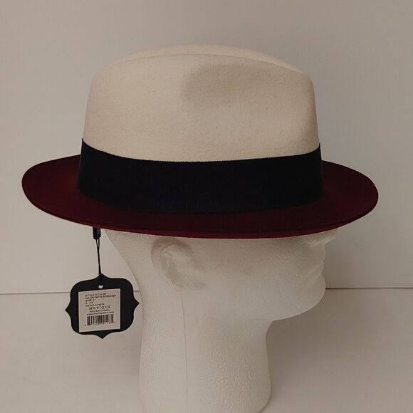 MEN'S MONTIQUE WHITE-BURGUNDY 2 1/4" WIDE BRIM 100% WOOL FELT FEDORA HAT. H82 - Picture 3 of 8
